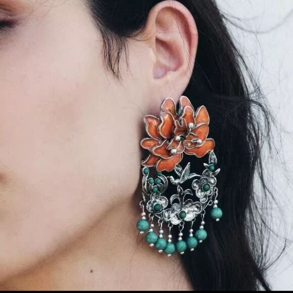 New ZARA Orange, Turquoise & Silver Floral Beaded Earrings With Bird Detail - Picture 1 of 10